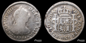 Chile, Santiago. 1 Real. 1791 (Carlos IV). DA. Variante: "HIS PAN" separado.