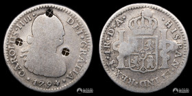 Chile, Santiago. 1 Real. 1794 (Carlos IV). DA. Con chopmarks.