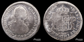 Chile, Santiago. 1 Real. 1799 (Carlos IV; variante: "9" acostado). DA.