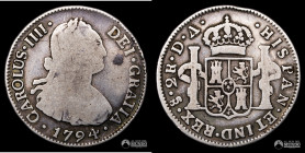 Chile, Santiago. 2 Reales. 1794 (Carlos IV). DA.