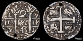Peru, Lima. 2 Reales. 1735 (Felipe V). V. Macuquina tipo GALANO. NGC XF Details. RARA.