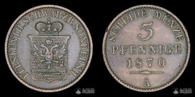 Alemania (Estados Alemanes), Schwarzburgo-Sondershausen. 3 Peniques. 1870 (Gunter Federico Carlos II).