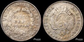 Bolivia, Potosi. 5 Centavos. 1878. ERROR Boliviana (Inverted A)