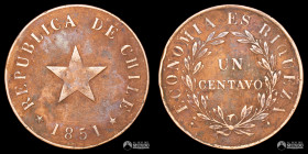 Chile. 1 Centavo. 1851 (variante: estrella plana). Ceca Heaton.