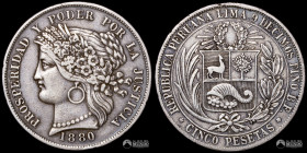 Peru, Lima. 5 Pesetas. 1880. B.