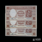 Chile, Banco Central. Lote de tres: 10 Pesos. 1958-1959.
