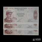 Chile, Banco Central. Lote de tres: 500 Escudos "Minero". 1971-1973.