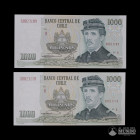 Chile, Banco Central. Pareja de billetes correlativos: 1.000 Pesos. 1987. REPOSICION.
