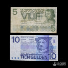 Paises Bajos, Banco de los Paises Bajos. Pareja: 5 y 10 Florines. 1966-1968 (Juliana).
