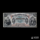 Peru, Republica (Junta Administradora y de Vigilancia). 5 Soles. 1879. Fondo con valor facial en numeros romanos.