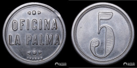 Chile, Pozo Almonte. Ficha: Oficina La Palma - 5 Pesos. Circa 1910.