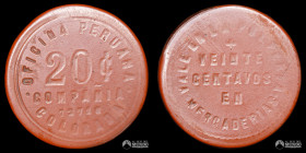 Chile, Tarapaca (epoca peruana). Ficha: Oficina Peruana - 20 Centavos. S/F.