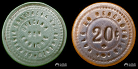 Chile, La Noria. Ficha: Oficina San Enrique (Cia. Salitrera Sacramento) - 20 Centavos. Circa 1906.