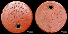 Chile, La Noria. Ficha: Oficina San Enrique (Cia. Salitrera Sacramento) - 20 Centavos. Circa 1906.