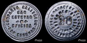 Chile, Pozo Almonte. Ficha: Oficina San Estevan (Cia. Salitrera San Estevan) - 20 Centavos. S/F.