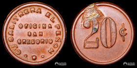 Chile, Aguas Blancas. Ficha: Oficina San Gregorio (Cia. Salitrera El Peñon) - 20 Centavos. S/F.