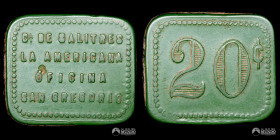 Chile, Aguas Blancas. Ficha: Oficina San Gregorio (Cia. de Salitres La Americana) - 20 Centavos. S/F.