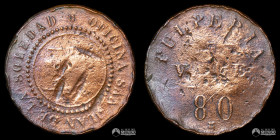 Chile, Pozo Almonte (epoca peruana). Ficha: Oficina San Juan de la Soledad - 80 Centavos. S/F.