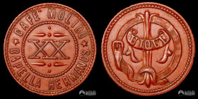 Chile, Iquique. Ficha: Cafe Molido Capella Hermanos - 20 Centavos. S/F.
