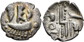BRITAIN. Durotriges. Uninscribed, circa 65 BC-AD 45. Unit (Silver, 14 mm, 0.83 g, 7 h), 'second Geometric' type. Three men standing right in a boat wi...