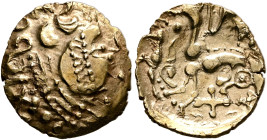 NORTHWEST GAUL. Aulerci Eburovices. 2nd to early 1st century BC. Hemistater (Gold, 19 mm, 3.31 g, 12 h). Celticized male head to right. Rev. Celticize...