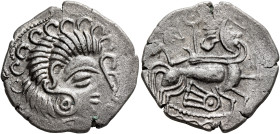 NORTHWEST GAUL. Coriosolites. Circa 100-50 BC. Stater (Billon, 25 mm, 6.66 g, 6 h), 'au nez Orné' type. Celticized male head to right, hair ending in ...