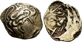 NORTHWEST GAUL. Osismii. Late 2nd to mid 1st century BC. Stater (Electrum, 24 mm, 7.03 g, 12 h), 'au personnage couché' type. Celticized head of Apoll...