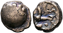 NORTHEAST GAUL. Remi (?). Late 2nd-mid 1st century BC. 1/4 Stater (Electrum, 11 mm, 1.42 g). Stylized head to left. Rev. Horse springing left; below, ...