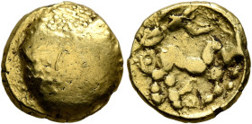 CENTRAL GAUL. Arverni. 3rd century BC. 1/4 Stater (Gold, 12 mm, 1.83 g), 'type de Moisy'. Irregular bulge. Rev. Devolvec charioteer driving biga to ri...