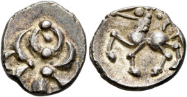 CENTRAL EUROPE. Vindelici. Mid 1st century BC. Quinarius (Silver, 14 mm, 1.85 g, 11 h), 'Büschelquinar' type. Head devolved into a bush. Rev. Horse ga...