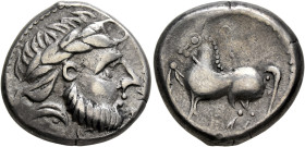 MIDDLE DANUBE. Uncertain tribe. 2nd century BC. Tetradrachm (Silver, 22 mm, 12.00 g, 6 h), 'Kugelwange' type, imitating Philip II of Macedon. Celticiz...