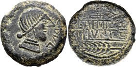 SPAIN. Obulco. Late 2nd century BC. 'As' (Bronze, 29 mm, 19.73 g, 3 h). Head of a female to right. Rev. L•AEMILIA / M•IVNI in two lines between plow a...