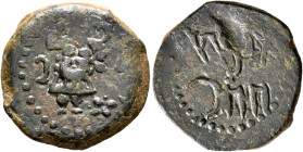 ISLANDS OFF SPAIN, Ebusus. Late 2nd-early 1st centuries BC. Semis (Bronze, 21 mm, 5.72 g, 5 h). Bes standing facing, holding mace in his right hand an...