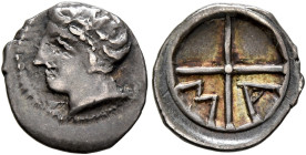 GAUL. Massalia. Circa 220-150 BC. Obol (Silver, 11 mm, 0.59 g, 11 h). Bare head of Apollo to left. Rev. M-A within wheel of four spokes. Depeyrot 31. ...