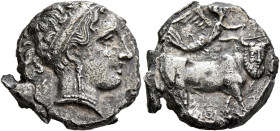 CAMPANIA. Neapolis. Circa 370 BC. Didrachm or Nomos (Silver, 20 mm, 6.60 g, 7 h). Head of a nymph to right, wearing broad headband, triple-pendant ear...