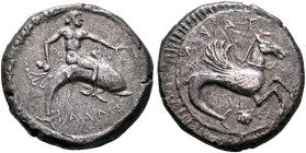 CALABRIA. Tarentum. Circa 490-480 BC. Didrachm (Silver, 20 mm, 7.90 g, 3 h). ΤΑΡΑΣ Youthful oikist, nude and with short hair, riding dolphin to right,...