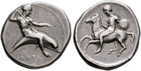 CALABRIA. Tarentum. Circa 415-405 BC. Didrachm or Nomos (Silver, 22 mm, 7.89 g, 9 h). TAPAΣ Youthful oikist, nude, riding dolphin to right, holding sp...