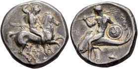 CALABRIA. Tarentum. Circa 315-302 BC. Didrachm or Nomos (Silver, 21 mm, 7.80 g, 5 h), Dai... and Phi..., magistrates. Nude, helmeted rider on horse ga...
