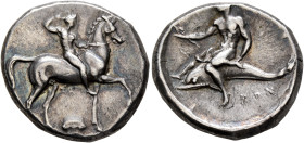 CALABRIA. Tarentum. Circa 280 BC. Didrachm or Nomos (Silver, 21 mm, 8.58 g, 12 h), Sa... and Kon..., magistrates. Nude youth on horseback to right, cr...