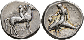 CALABRIA. Tarentum. Circa 280 BC. Didrachm or Nomos (Silver, 20 mm, 7.73 g, 11 h), Sa..., Philiarchos and Aga..., magistrates. Nude youth riding horse...