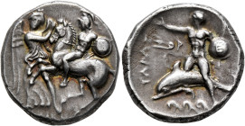 CALABRIA. Tarentum. Circa 280-272 BC. Didrachm or Nomos (Silver, 21 mm, 7.91 g, 12 h). Nude warrior on horseback to left, holding bridles in his right...