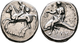 CALABRIA. Tarentum. Circa 280 BC. Didrachm or Nomos (Silver, 21 mm, 7.69 g, 12 h), Si.., Philokles and Ly..., magistrates. Nude warrior on horseback t...