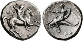 CALABRIA. Tarentum. Circa 280 BC. Didrachm or Nomos (Silver, 21 mm, 7.45 g, 8 h), Si..., Dakimos, and Da..., magistrates. ΣI / ΔAKIMOΣ Warrior on hors...