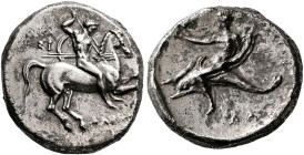 CALABRIA. Tarentum. Circa 280 BC. Didrachm or Nomos (Silver, 21 mm, 7.36 g, 10 h), Si..., Dakimos, and Da..., magistrates. ΣI / ΔAKIMOΣ Warrior on hor...