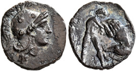 CALABRIA. Tarentum. Circa 325-280 BC. Diobol (Silver, 12 mm, 0.72 g, 6 h). Head of Athena to right, wearing crested Attic helmet, decorated with three...