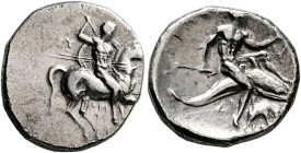CALABRIA. Tarentum. Circa 280-272 BC. Didrachm or Nomos (Silver, 21 mm, 6.34 g, 3 h), Gu..., Aristip..., and Di... magistrates. ΓΥ / API/[ΣTI/Π] Nude ...