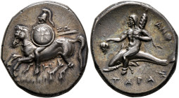 CALABRIA. Tarentum. Circa 280-272 BC. Didrachm or Nomos (Silver, 22 mm, 6.52 g, 1 h), Apollo... and Anth..., magistrates. Helmeted warrior on horse ga...