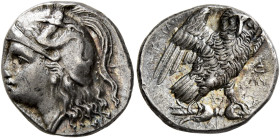 CALABRIA. Tarentum. Circa 280-272 BC. Drachm (Silver, 15.1 mm, 3.28 g, 11 h), So... and Di..., magistrates. Head of Athena to left, wearing crested At...
