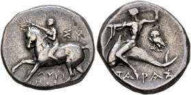 CALABRIA. Tarentum. Circa 272-240 BC. Didrachm or Nomos (Silver, 19 mm, 6.36 g, 10 h), Lykinos and Sy..., magistrates. Nude youth riding horse walking...
