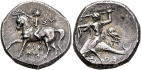 CALABRIA. Tarentum. Circa 272-240 BC. Didrachm or Nomos (Silver, 18 mm, 6.54 g, 1 h), Lykinos and Sy..., magistrates. Nude youth riding horse walking ...